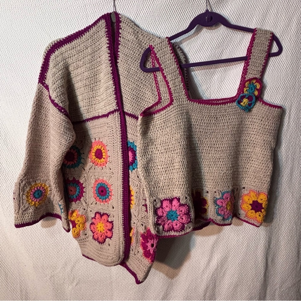HANDMADE Sz XL Floral Crochet Cardigan Sweater and Top Set - Multicolor NEW